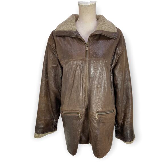 Vakko Leather Aviator Jacket Size‎ S Sherpa Collar Zip Pockets Brown - Picture 1 of 14
